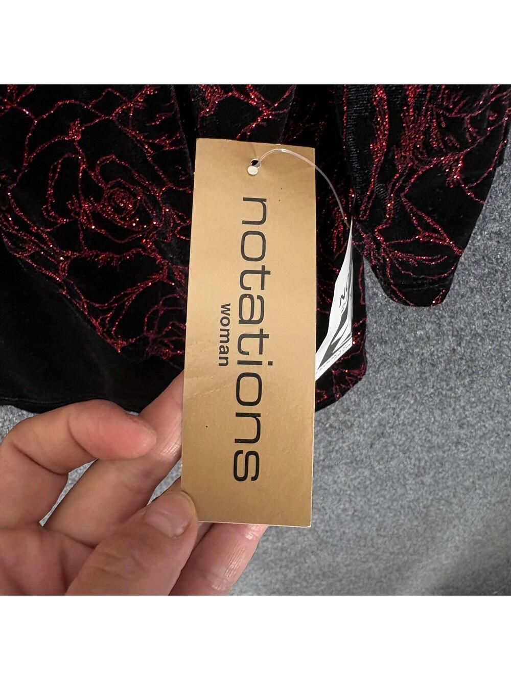 New Notations Top Women 2X Plus Black Floral Rhinestone Velvet Tasseled Casual - Picture 7 of 9